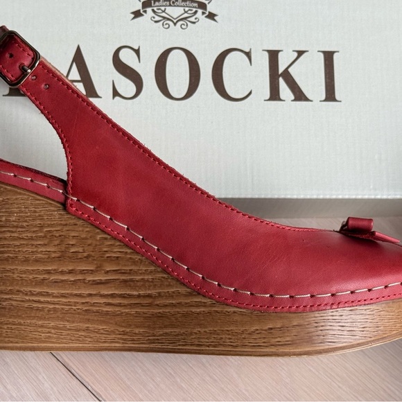 Women's Leather Red Peep Toe Shoes Lasocki wedges platforms size 7.5 - Picture 7 of 10